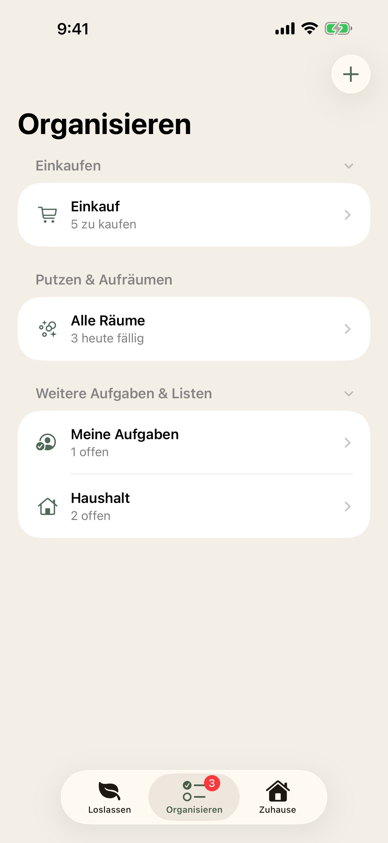 Organisieren-Tab mit Einkauf, Putzen und Aufgaben an einem Ort