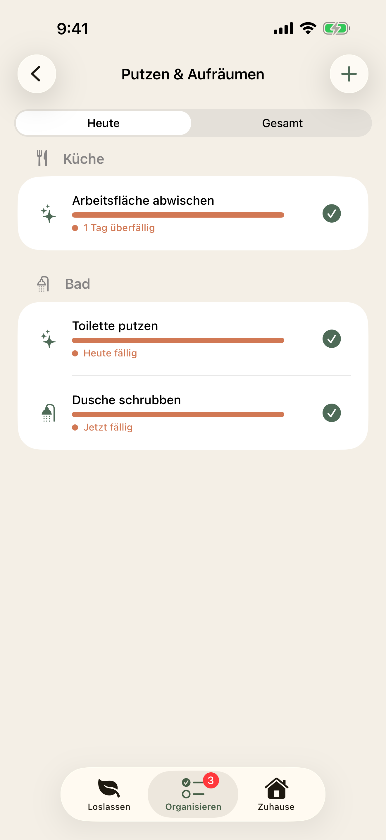 Putzen mit fälligen Aufgaben und Dringlichkeitsbalken je Raum