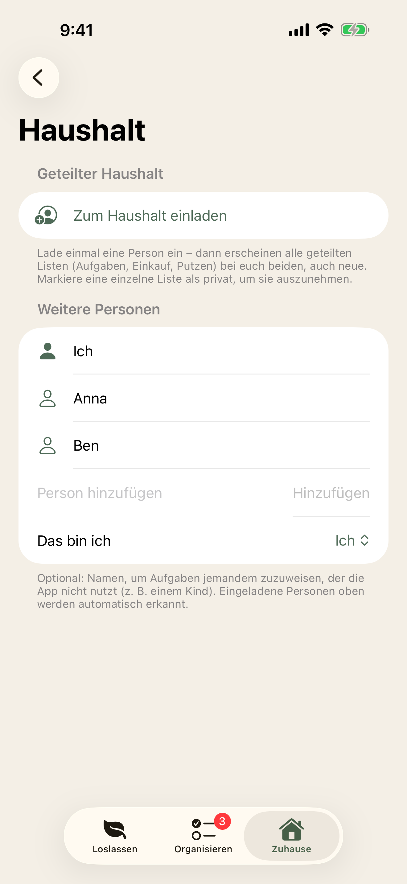 Haushalt-Ansicht mit Einladung und Liste der Mitbewohner