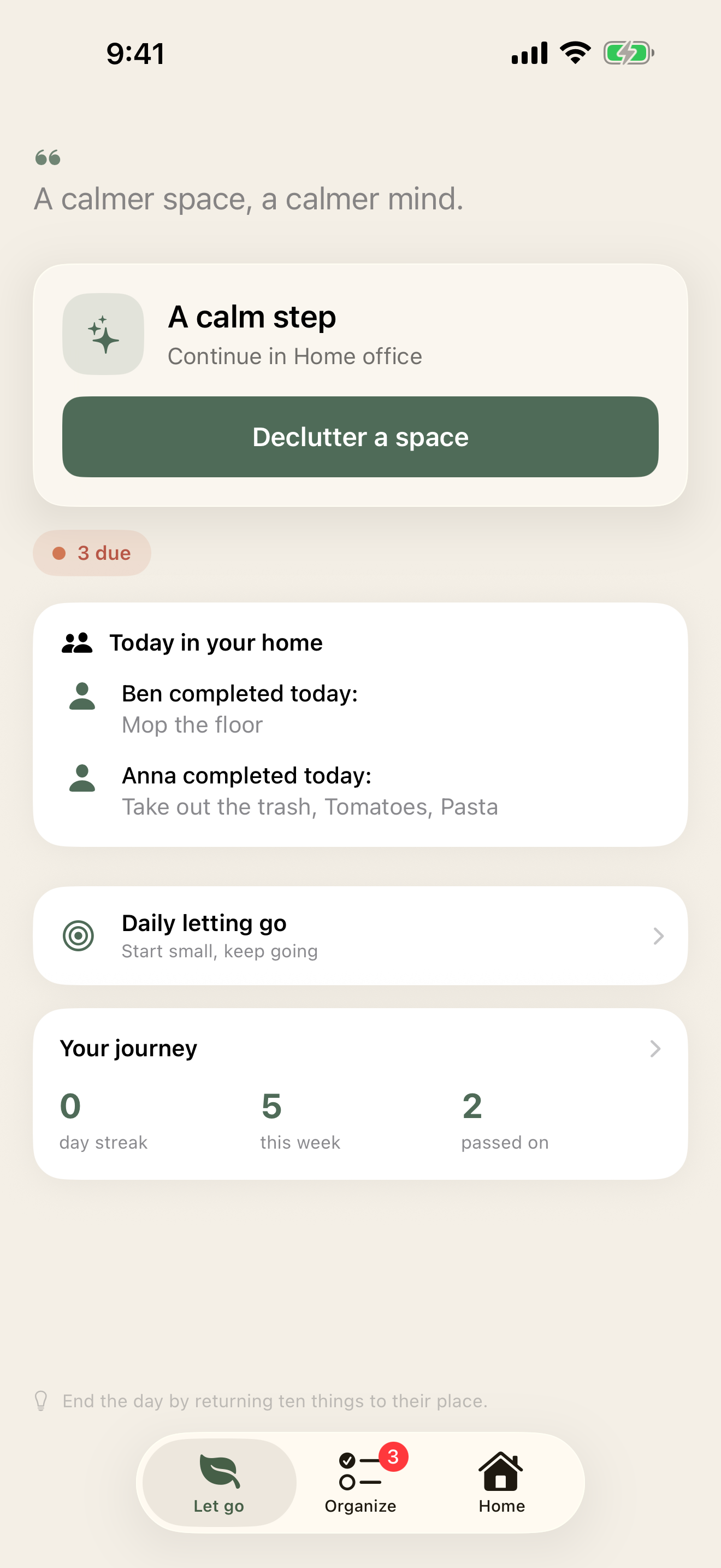 Cozymus home screen with a calm prompt, one focus step and the day's progress