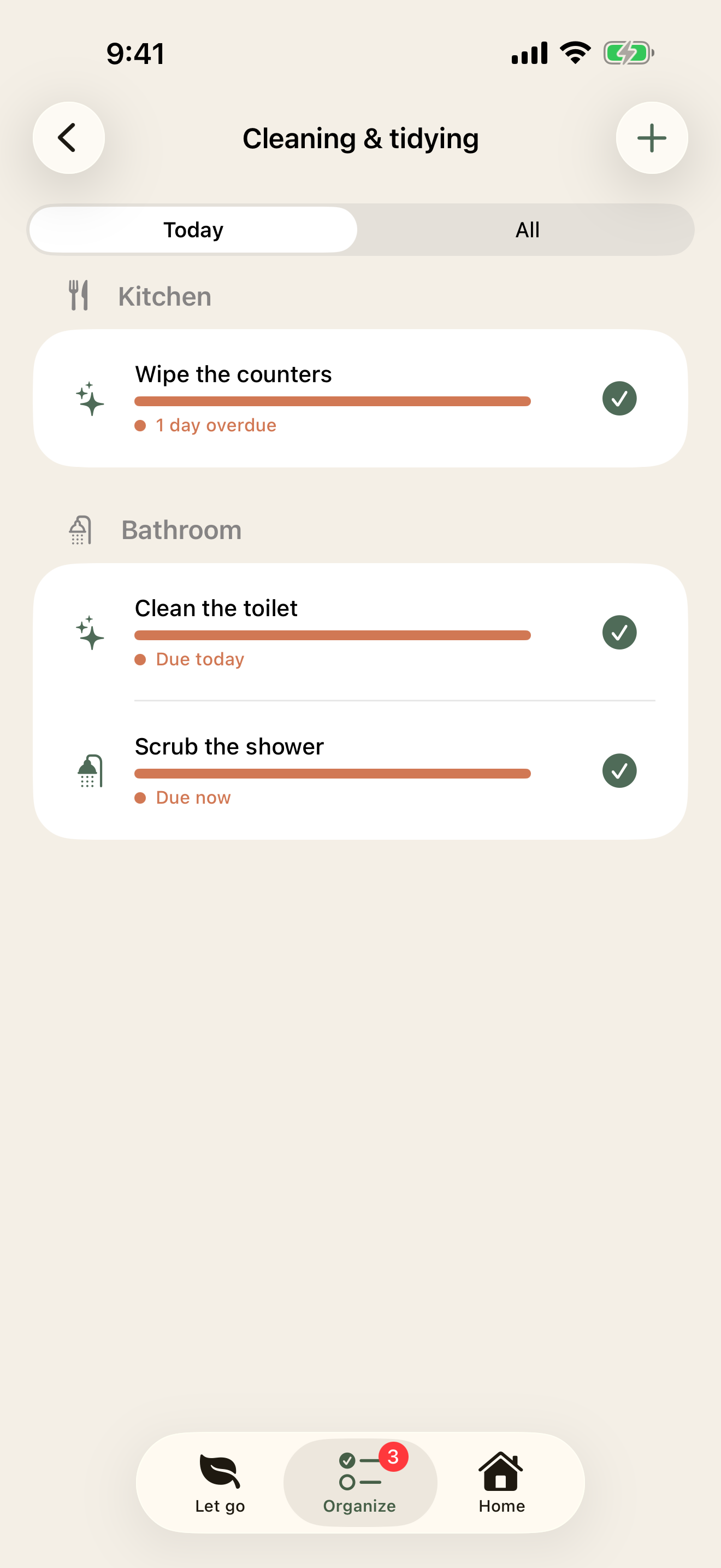 Cleaning with due tasks and an urgency bar per room