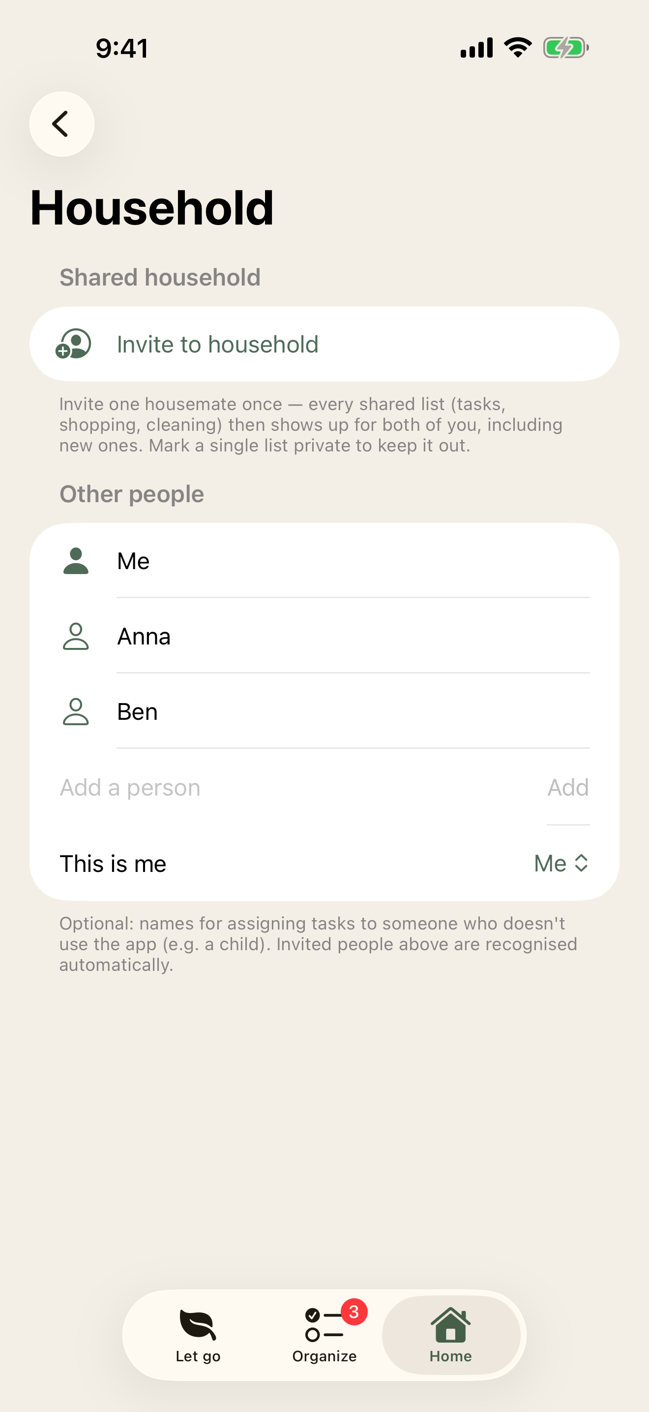 Household view with an invite and the list of housemates