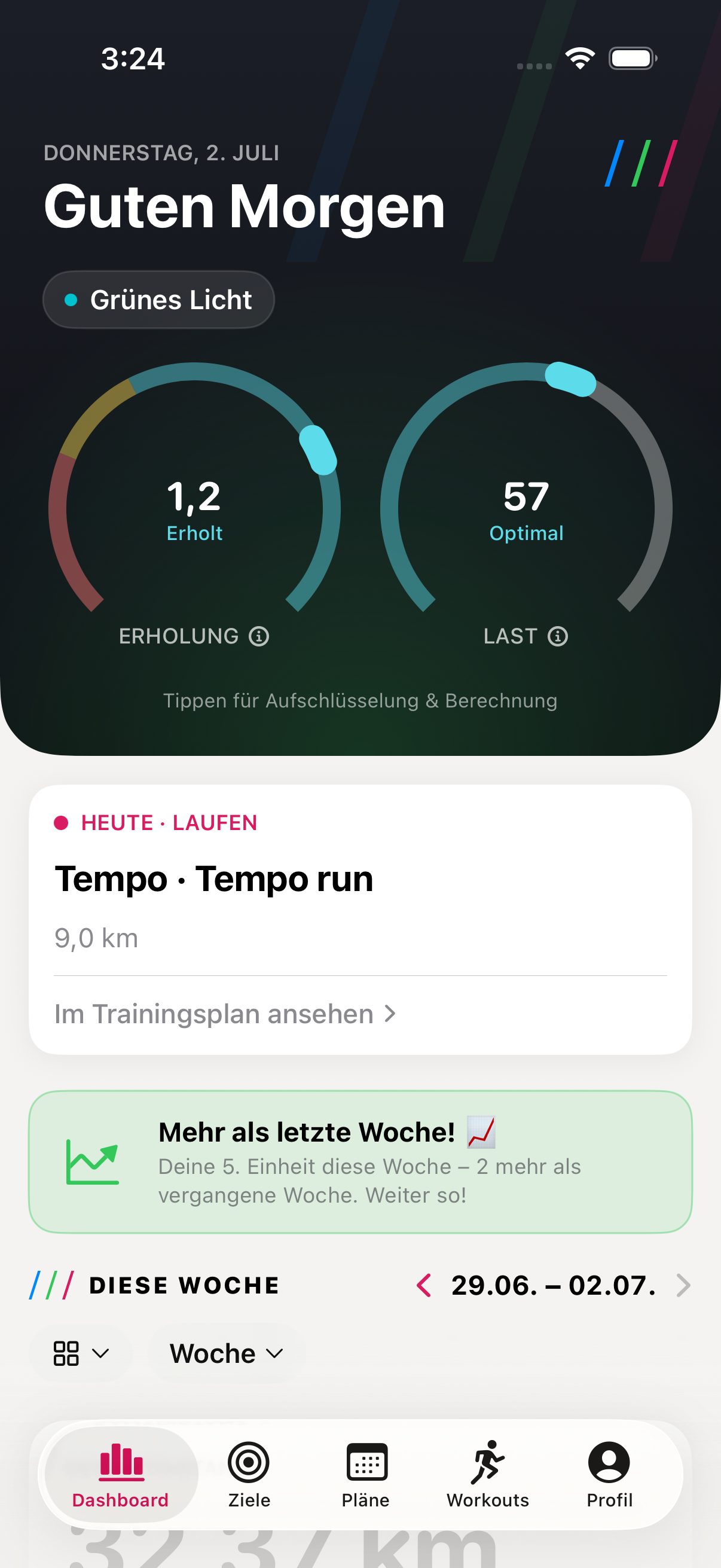 Trilane Dashboard mit den Anzeigen für Erholung und Trainingslast sowie der Gesamtdistanz