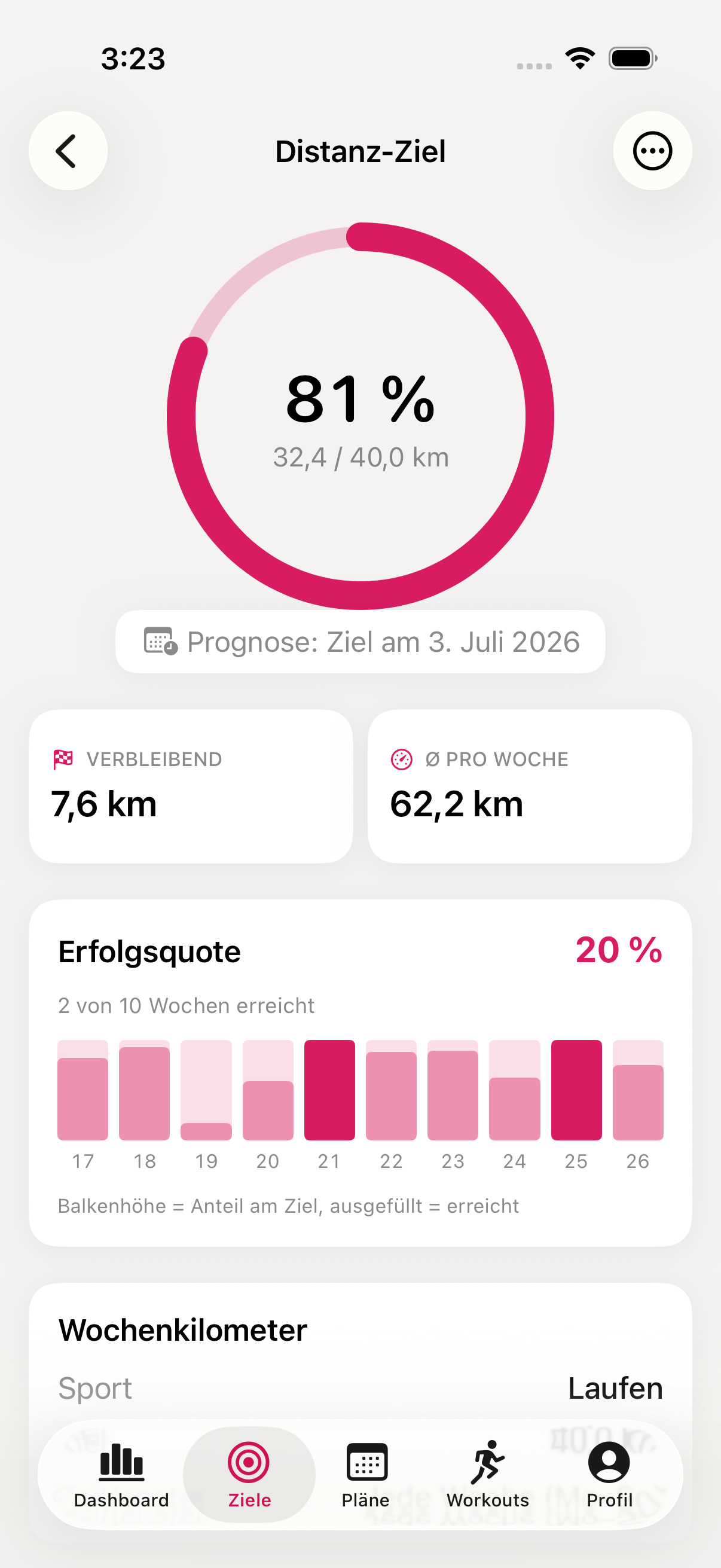Ziel-Ansicht mit Fortschritt und Live-Prognose