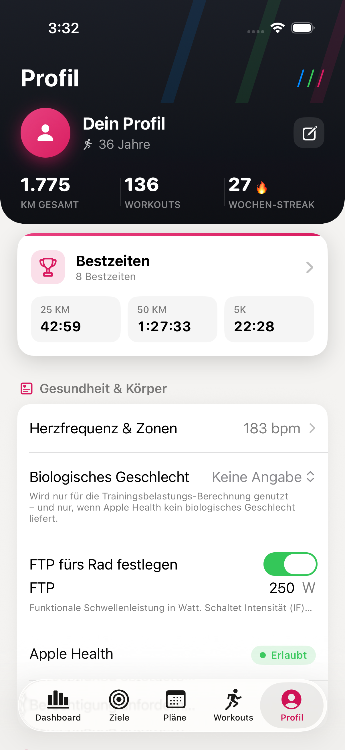 Profil-Ansicht mit Datenschutz-Hinweisen